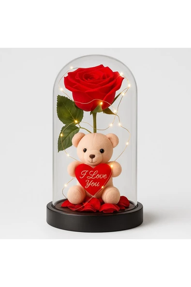Dekoratif Tasarım Fanus LED Işıklı Kırmızı Gül I Love You Ayıcık Sevgiliye Romantik Aşk Hediye Seti - Resim 3