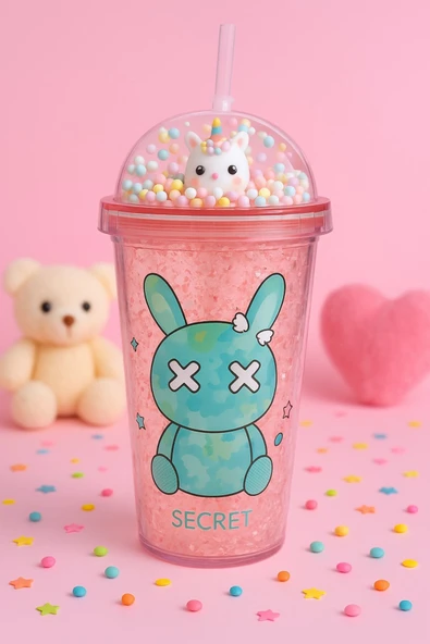 Sevimli Bunny Tavşan Figürlü Renkli Boncuklu Kristal Efektli Tasarım Pipetli Bardak Suluk Pembe 2087