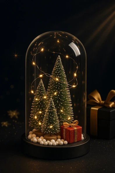 Yeni Yıl Ruhunu Yansıtan Led Işıklı 3 LÜ Yılbaşı Kar Efektli Çam Ağacı Hediye Paketi Temalı Fanus - Resim 4