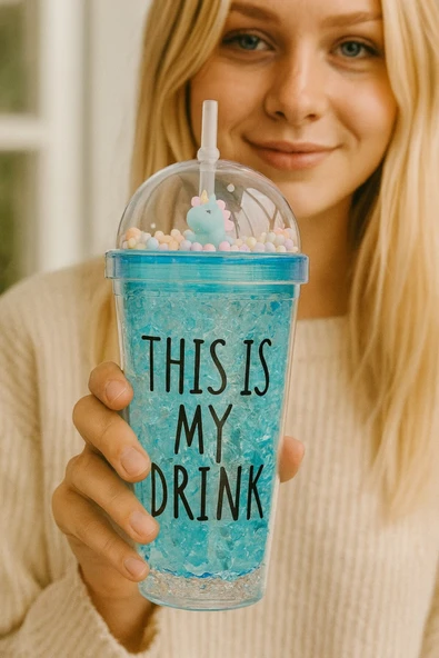 Sevimli Renkli Boncuklu Cool Çılgın This İs My Drink Tasarım Pipetli İçecek Bardağı Suluk Mavi 2742