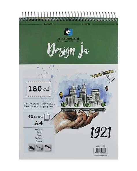 Alex Schoeller A4 Spiralli Desing Ja Skect Pad 180gr 40yp ALX.7860 ürün görseli