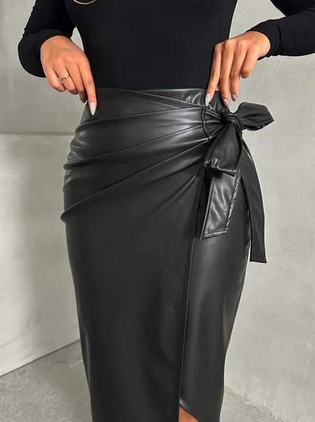 Kuşaklı uzun deri etek siyah h26414 - 4