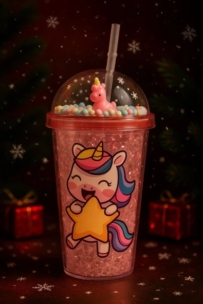 Renkli Boncuklu Unicorn Tasarımlı Pipetli İçecek Bardağı Çocuklar İçin Sevimli Suluk Pembe 2646 ürün görseli 1