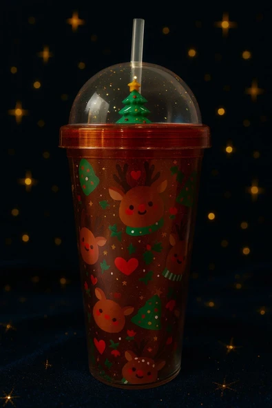 Sevimli Geyikli Kar Tanesi Noel Ağacı Desenli Süslemeli Renkli Pipetli Kupa Bardak Suluk 450ML 2768C - 5