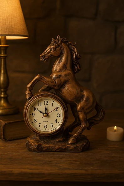 Dekoratif Şık Aksesuar Gösterişli Kahve Siyah At Heykeli Ev Ofis Masaüstü Saati Lüks Tasarım 19x15CM - Resim 2