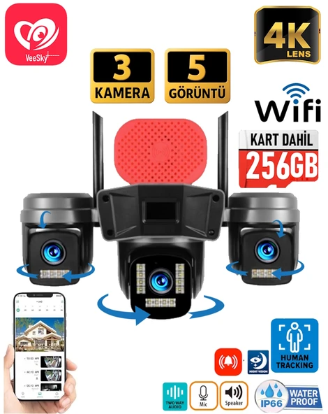VeeSky+ S308 256GB 3 Kameralı 6MP 4K UltraHD Wifi Kamera Siren Gece Görüş ürün görseli