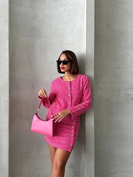 Ceketli etek takım chl kumaş fuşya h24443 - Resim 8