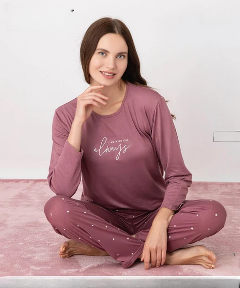 Pijamoni Kadın Milan Bisiklet Yaka Uzun Kol İnce Pijama Takımı 7600/37 - 1 Adet  S - M Gül Kurusu ürün görseli