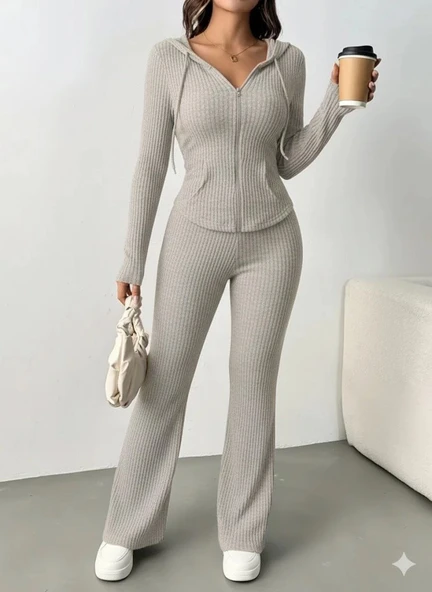 Kadın Uzun Kollu Kapşonlu önden Fermuarlı Kaşkorse Bluz Ve Pantolon Ikili Takım - Resim 2