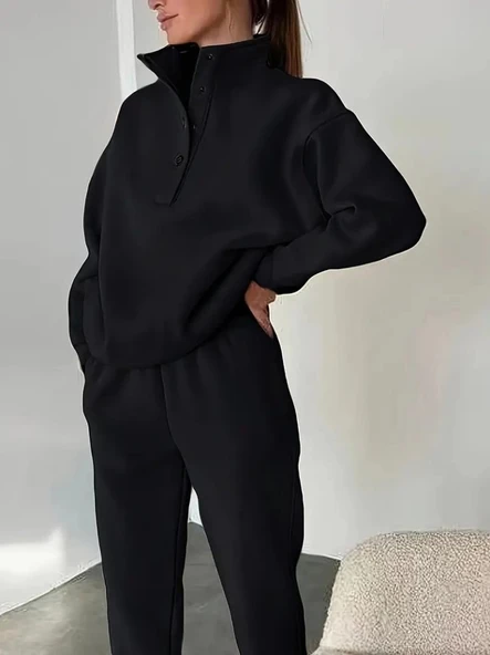 Kadın Uzun Kollu Balıkçı Dik Yakalı Düğmeli üç Iplik Bluz Ve Pantolon Ikili Takım - Resim 2