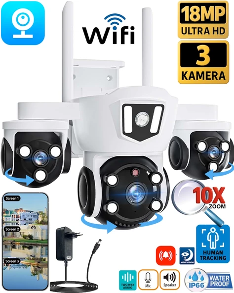 V380Pro 18MP (6MP+6MP+6MP) Üç Kameralı 10X Zoom Gece Görüş Wifi Sesli Türkçe ürün görseli