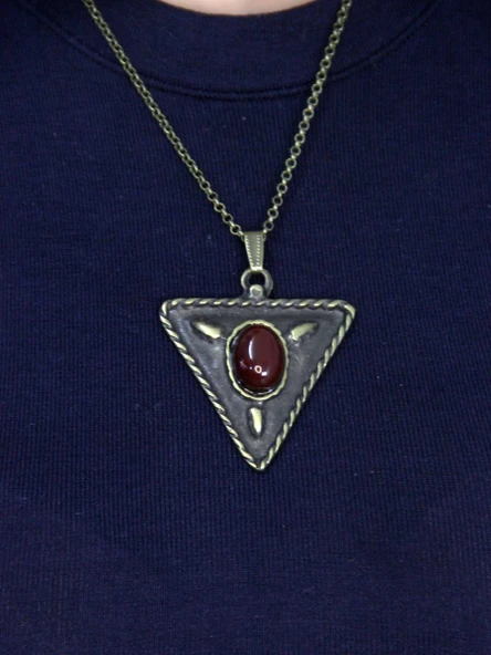 Doğal Taş Akik Doğal Taşlı Üçgen Model Antik Kadın Kolye euk41a - Resim 2