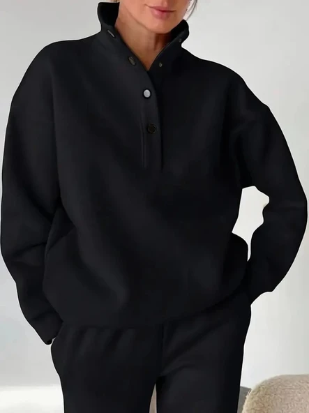 Kadın Uzun Kollu Balıkçı Dik Yakalı Düğmeli üç Iplik Bluz Ve Pantolon Ikili Takım - Resim 4