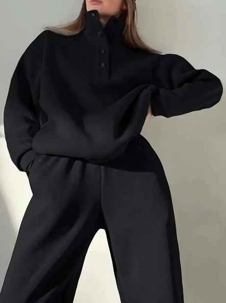 Kadın Uzun Kollu Balıkçı Dik Yakalı Düğmeli üç Iplik Bluz Ve Pantolon Ikili Takım - Resim 3