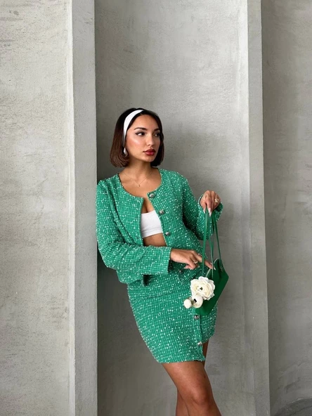 Ceketli etek takım chl kumaş yeşil h24443 - Resim 3