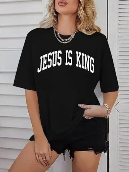 Kadın Bisiklet Yaka Kısa Kol Baskılı T-shirt - Siyah - Resim 3