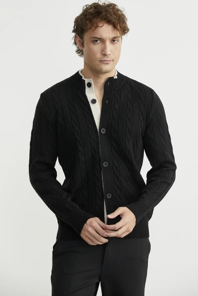 Düğmeli Saç Örgü Triko Hırka - Siyah - Resim 4