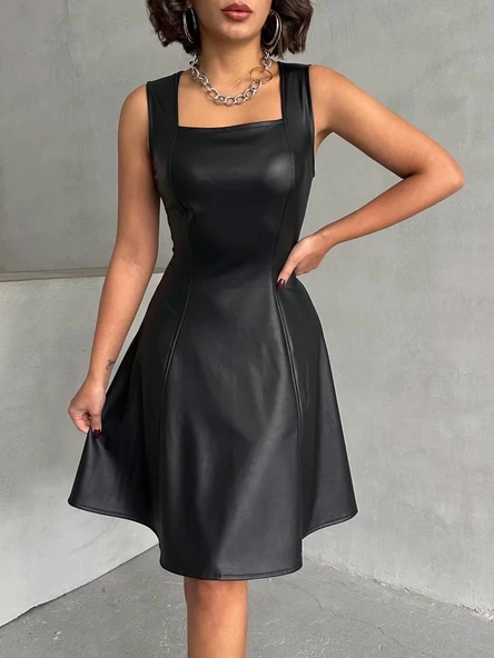 Kare yaka deri elbise siyah h24442 ürün görseli