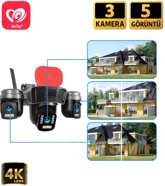 VeeSky+ S308 256GB 3 Kameralı 6MP 4K UltraHD Wifi Kamera Siren Gece Görüş - Resim 2
