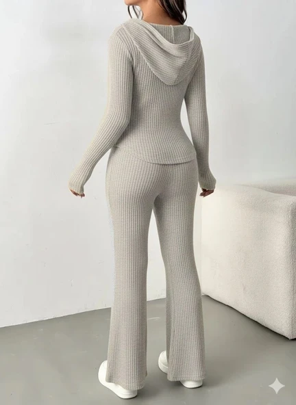 Kadın Uzun Kollu Kapşonlu önden Fermuarlı Kaşkorse Bluz Ve Pantolon Ikili Takım - Resim 3