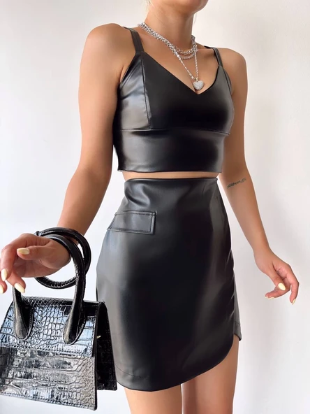 Cep detaylı oval kapaklı deri etek siyah h240048 - Resim 3