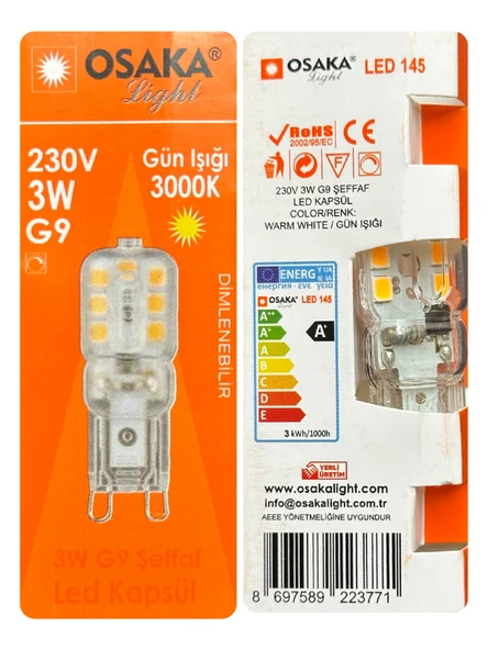 (1 Adet) Osaka 3W Sarı Işık (3000K) Dim Edilebilir G9 Duylu Led Kapsül Ampul - Resim 2