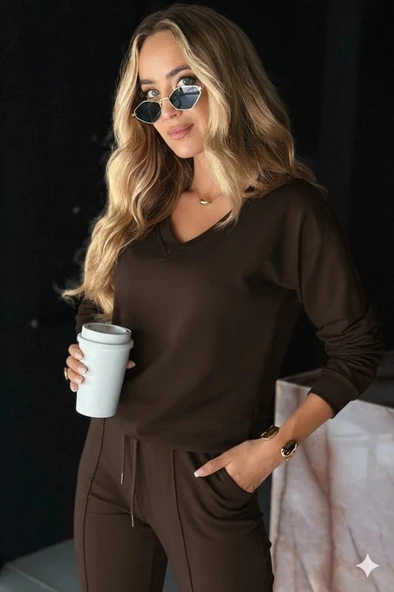 Kadın Uzun Kollu V Yakalı Viskon Iki Iplik Bluz Ve Pantolon Ikili Takım - Resim 4