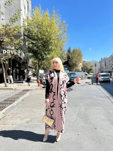 Siyah çizgi desenli elbiseli hırka takım pudra siyah - Resim 3