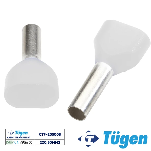 Tügen 2x0,50mm2 Çift Girişli İzoleli Yüksük Beyaz ( 1 Kutu 1000 Adet ) ürün görseli 1