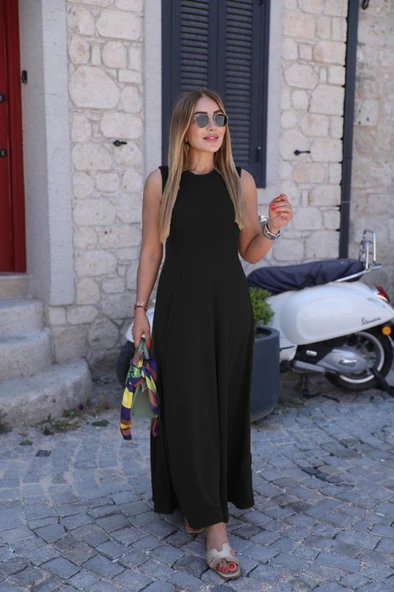 Kadın Sıfır Kollu Bisiklet Yaka Viskon Elbise - Resim 4