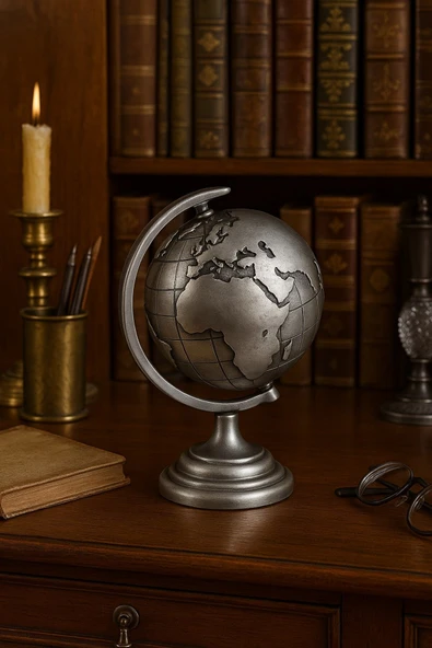 Ofisinize Masaüstü Dekorasyonu Gri Metal Dünya Küresi Masaüstü Süs Ofis ve Ev Dekoru için 13x9 CM - Resim 2