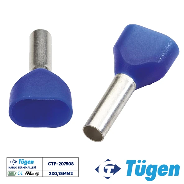 Tügen 2x0,75mm2 Çift Girişli İzoleli Yüksük Mavi ( 1 Kutu 500 Adet ) ürün görseli 1