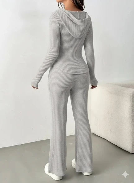 Kadın Uzun Kollu Kapşonlu önden Fermuarlı Kaşkorse Bluz Ve Pantolon Ikili Takım - Resim 3