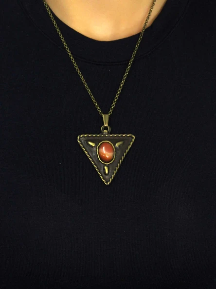 Doğal Taş Yemen Akik Doğal Taşlı Üçgen Model Antik Kadın Kolye euk41yma - Resim 3