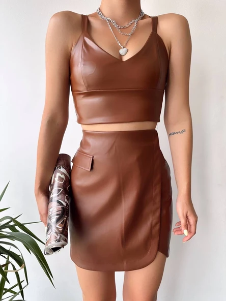 Cep detaylı oval kapaklı deri etek kahve h240048 - Resim 6