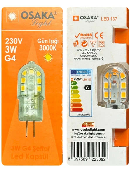 (10 Adet) Osaka 3W Sarı Işık (3000K) G4 Duylu Led Kapsül Ampul - Resim 3