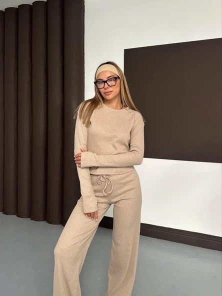 Kadın Bisiklet Yaka Parmak Geçme Detay Uzun Kollu Bluz Ve Pantolon Ikili Takım - Resim 2