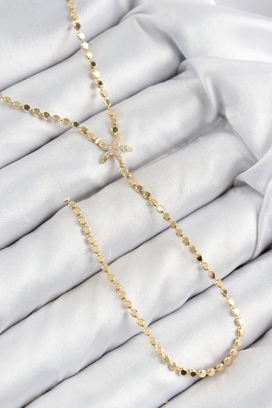 Pirinç Zirkon Taşlı Ezme Zincirli Deniz Yıldızı Model Gold Renk Y Kolye - TJ-BKO10467 ürün görseli
