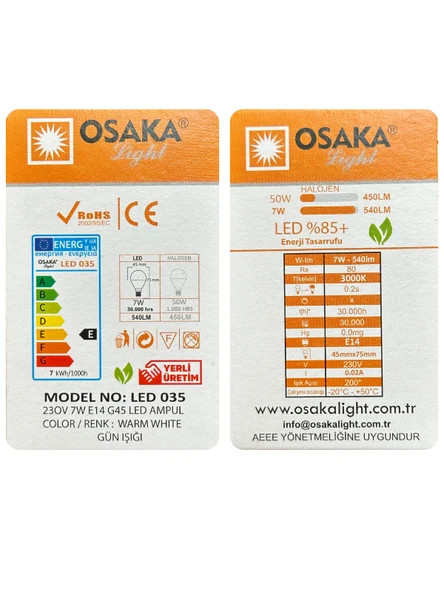 (2 Adet) Osaka 7W (50W) Sarı Işık E14 Duylu (İnce Duy) Led Mini Ampul - Resim 5