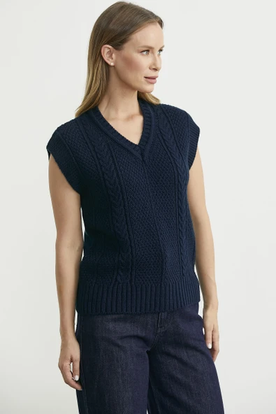 Yünlü V Yaka Triko Süveter - Lacivert - Resim 4
