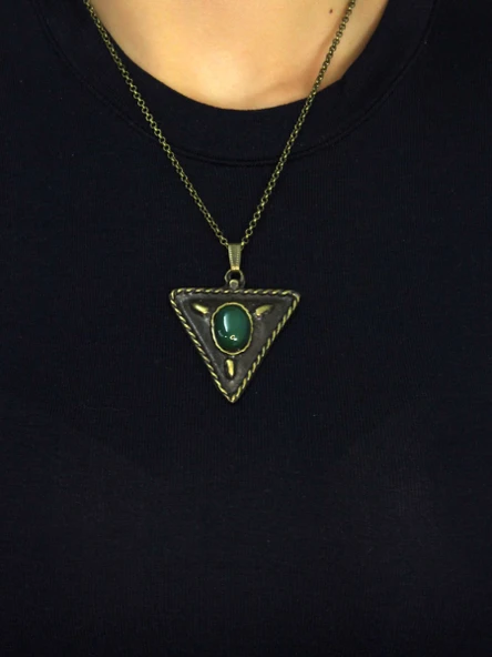 Doğal Taş Yeşil Akik Doğal Taşlı Üçgen Model Antik Kadın Kolye euk41ya - Resim 3