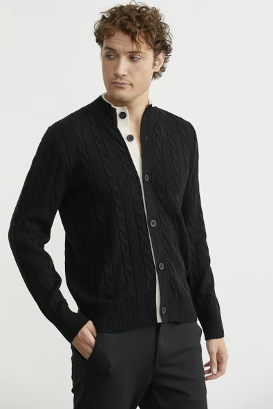 Düğmeli Saç Örgü Triko Hırka - Siyah - Resim 3