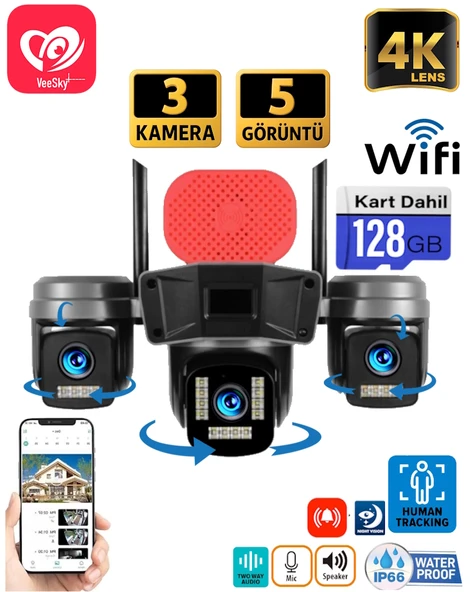 VeeSky+ S308 128GB 3 Kameralı 6MP 4K UltraHD Wifi Kamera Siren Gece Görüş ürün görseli