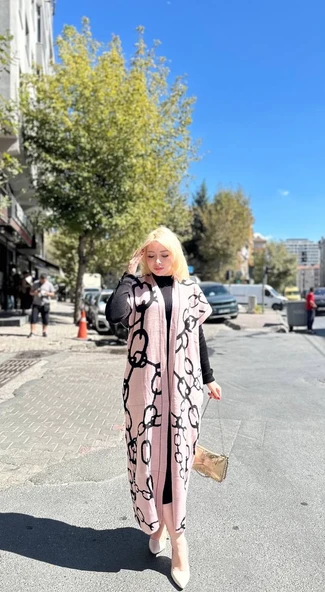 Siyah çizgi desenli elbiseli hırka takım pudra siyah ürün görseli