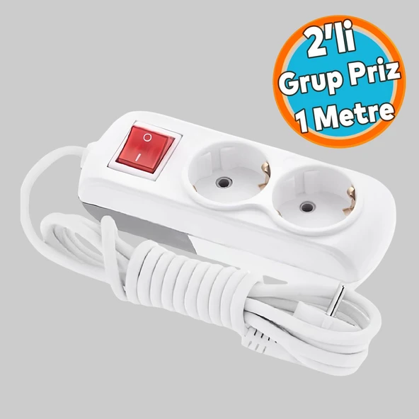 Anahtarlı Grup Priz Fiş Çoğaltıcı 1 Metre Topraklı Düğmeli Çoklu Kablolu 2'li Asmalı Uzatma ürün görseli