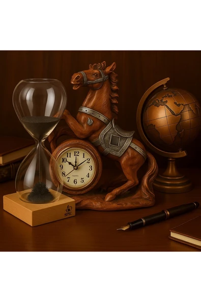 Ofisinize Masaüstü Dekorasyonu 3’lü Masa Üstü Manyetik Kum Saati Metal Dünya Küresi At Figürlü Saat - 6
