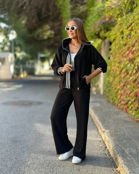 Kadın Uzun Kollu Kapşonlu Onu şerit Detaylı Fermuarlı Viskon Iki Iplik Bluz Ve Pantolon Ikili Takım ürün görseli 1