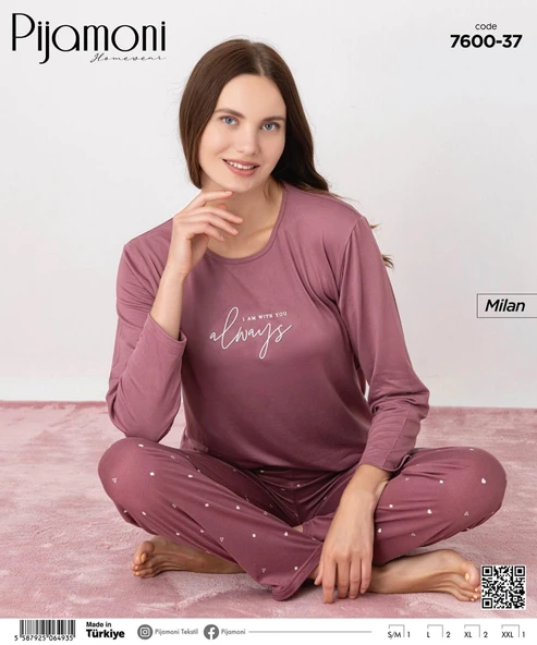 Pijamoni Kadın Milan Bisiklet Yaka Uzun Kol İnce Pijama Takımı 7600/37 - 1 Adet  S - M Gül Kurusu - Resim 2