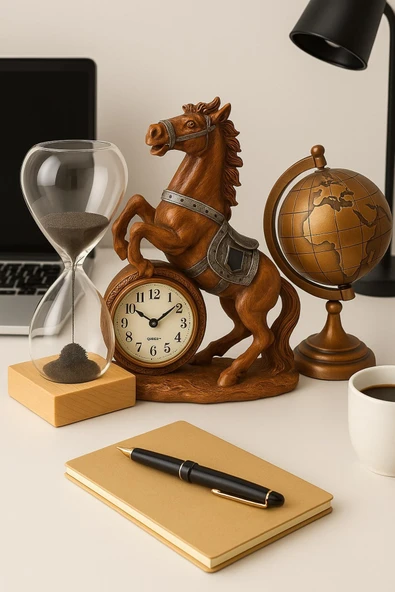 Ofisinize Masaüstü Dekorasyonu 3’lü Masa Üstü Manyetik Kum Saati Metal Dünya Küresi At Figürlü Saat - 2