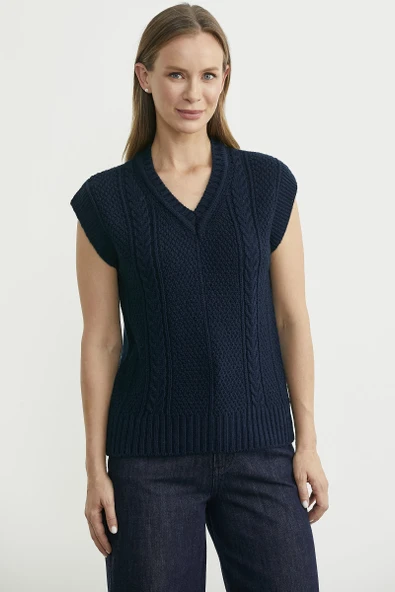 Yünlü V Yaka Triko Süveter - Lacivert ürün görseli 1